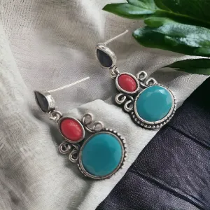 Oceanic Opulence: Oxidized Turquoise and Red Coral Stone Earrings