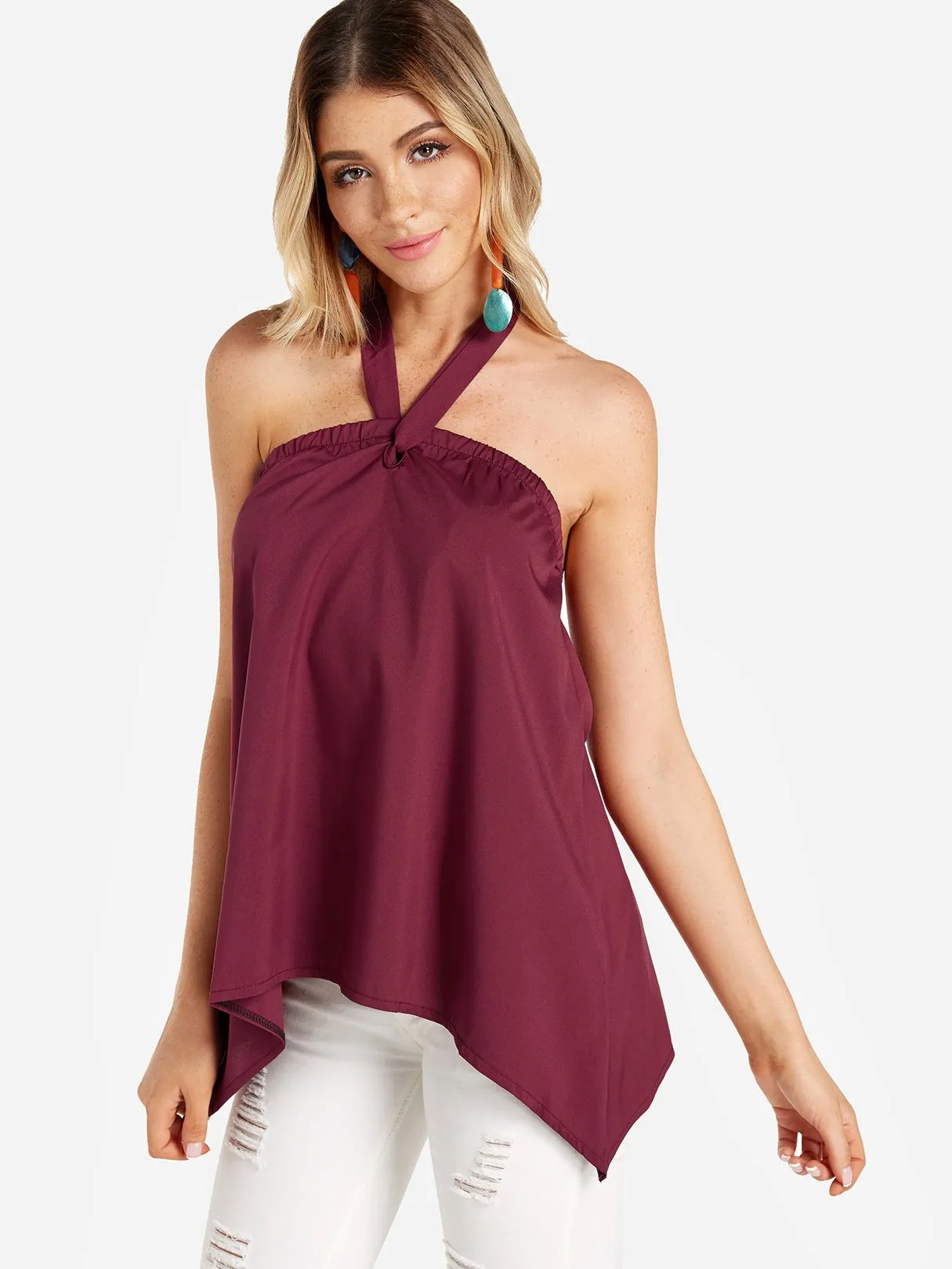 OEM ODM Halter Plain Sleeveless Irregular Hem Burgundy Camis