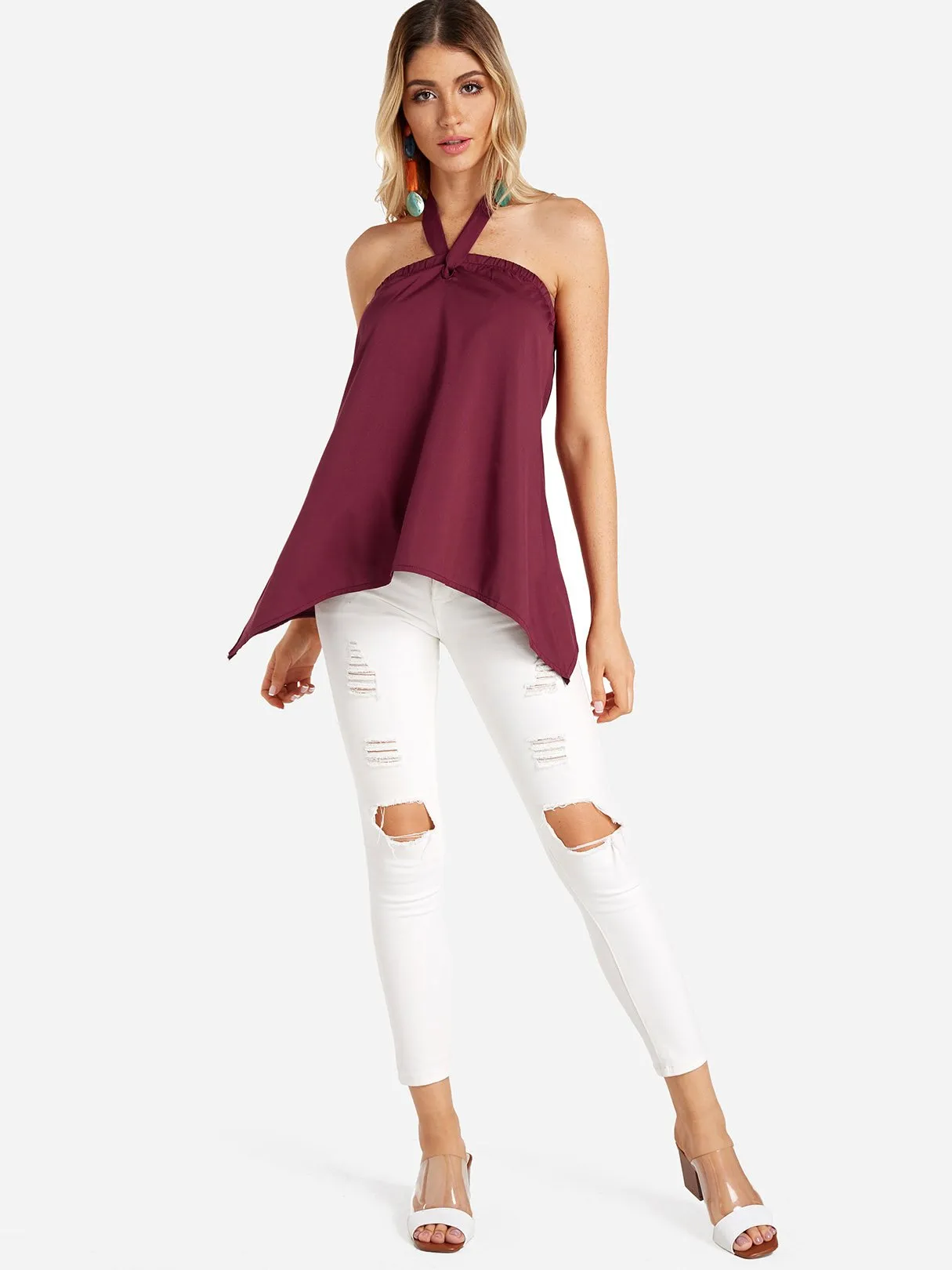 OEM ODM Halter Plain Sleeveless Irregular Hem Burgundy Camis