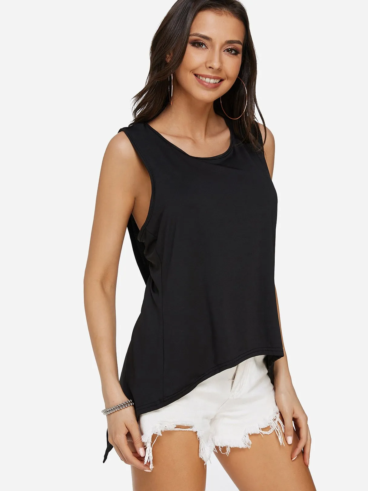 OEM ODM Round Neck Plain Sleeveless Irregular Hem Black Camis