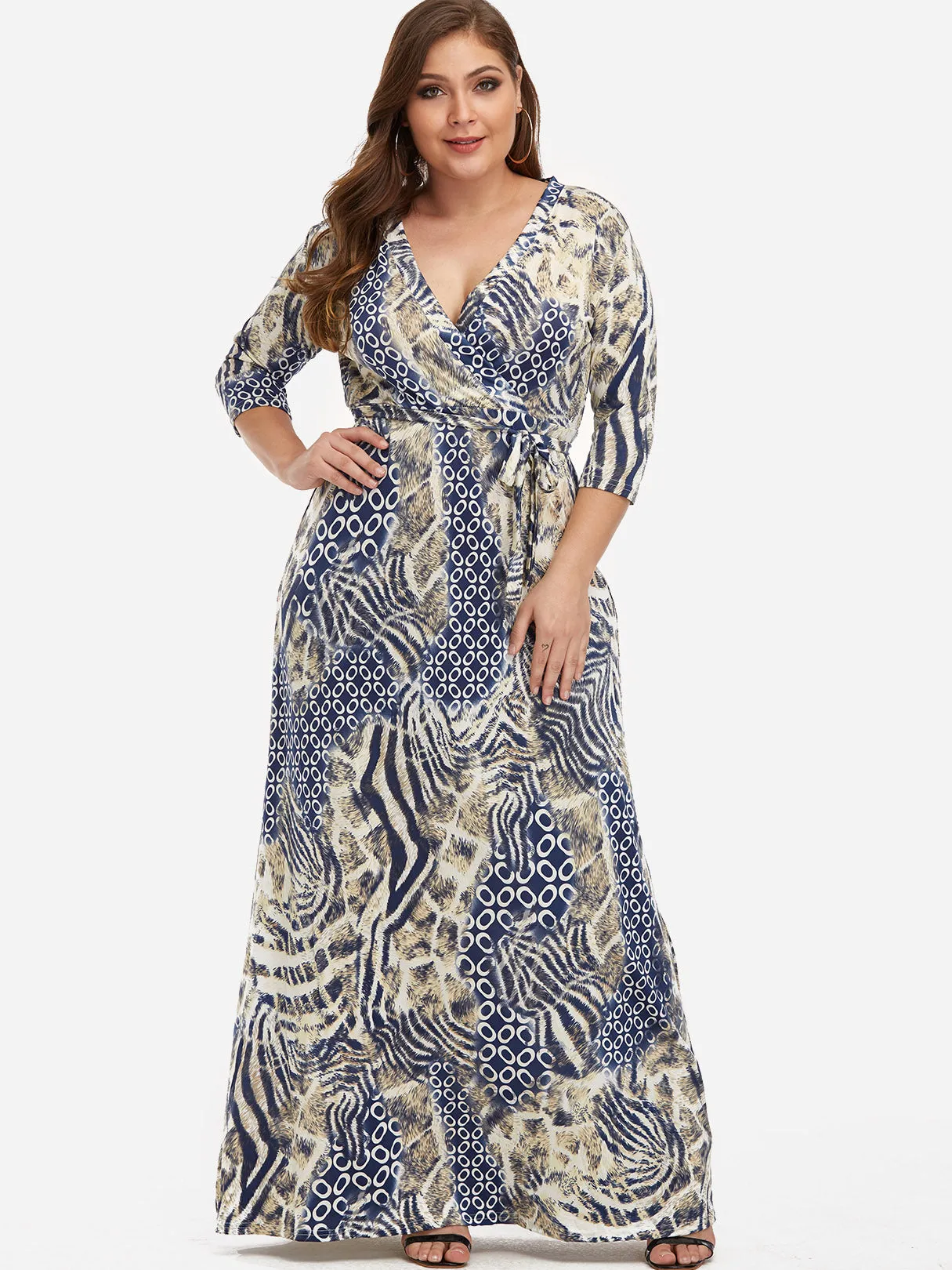 OEM ODM V-Neck Animal Self-Tie Wrap Half Sleeve Plus Size Maxi Dresses