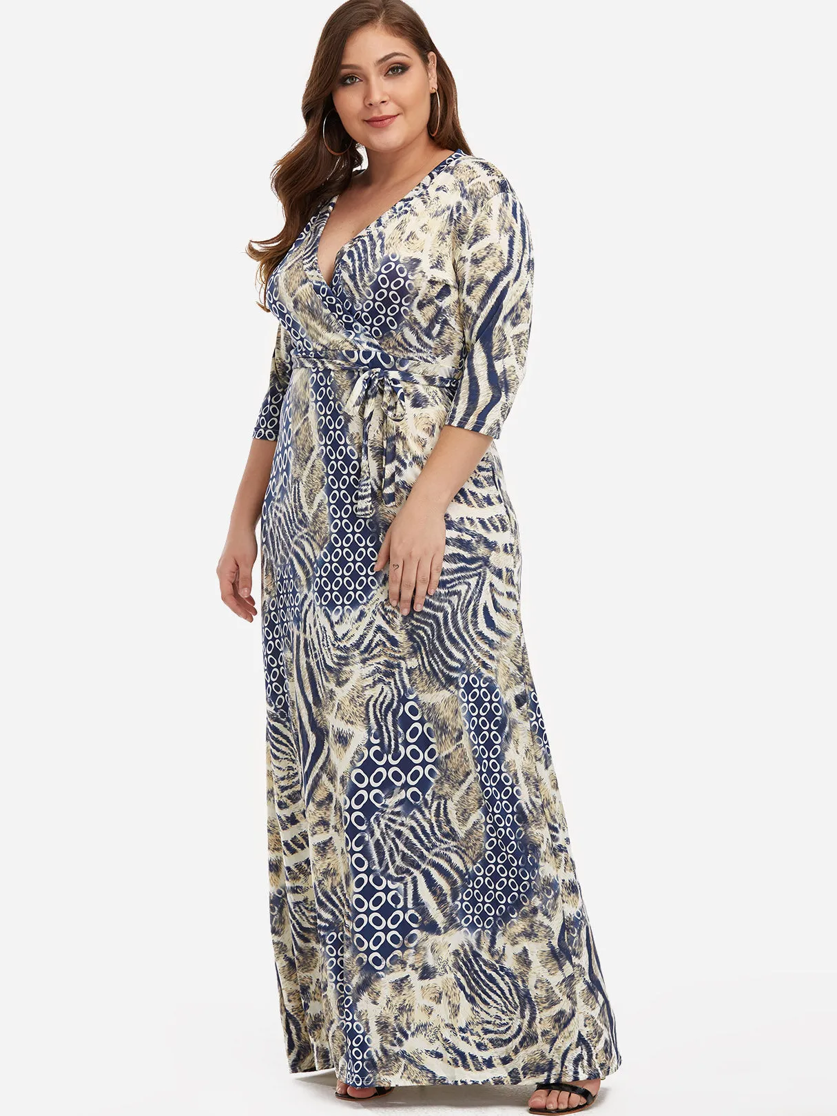 OEM ODM V-Neck Animal Self-Tie Wrap Half Sleeve Plus Size Maxi Dresses