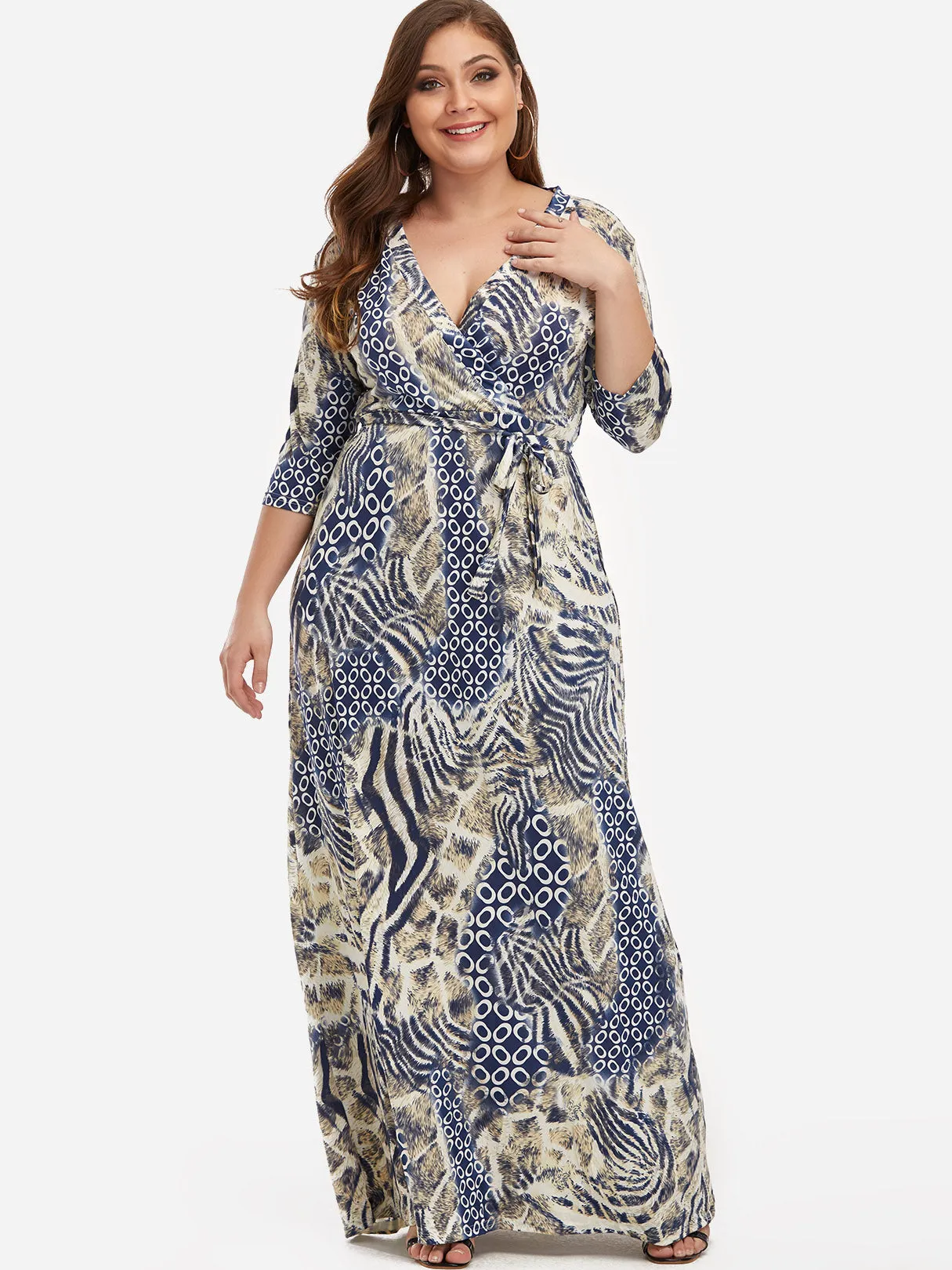 OEM ODM V-Neck Animal Self-Tie Wrap Half Sleeve Plus Size Maxi Dresses