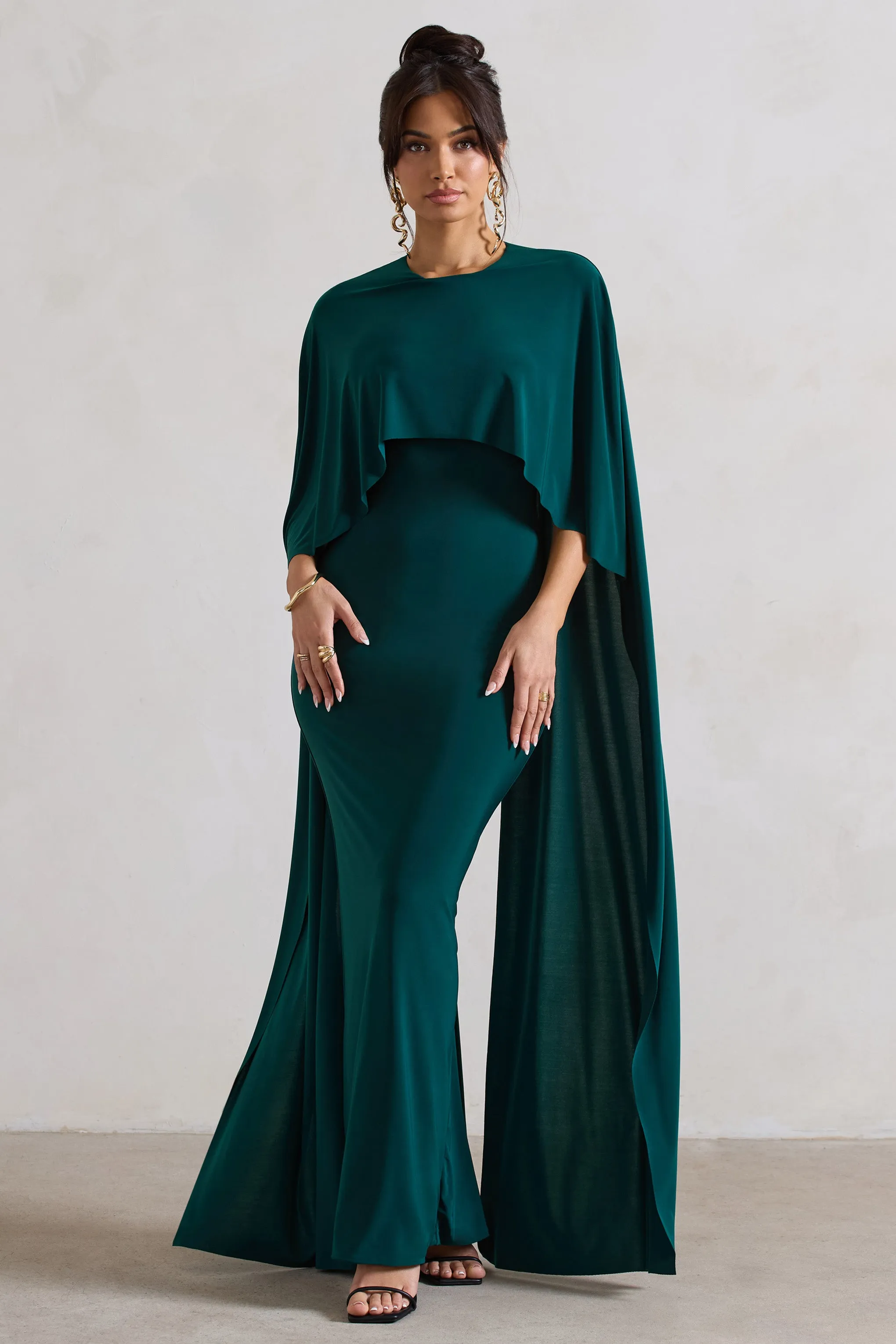 Padma | Bottle Green Draped Maxi Dress With Cape Sleeves