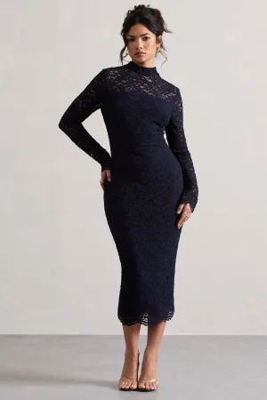 Rumour | Navy Lace High-Neck Midi Dress