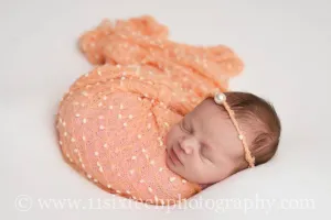 SET Peach Coral Popcorn Stretch Knit Baby Wrap and Headband