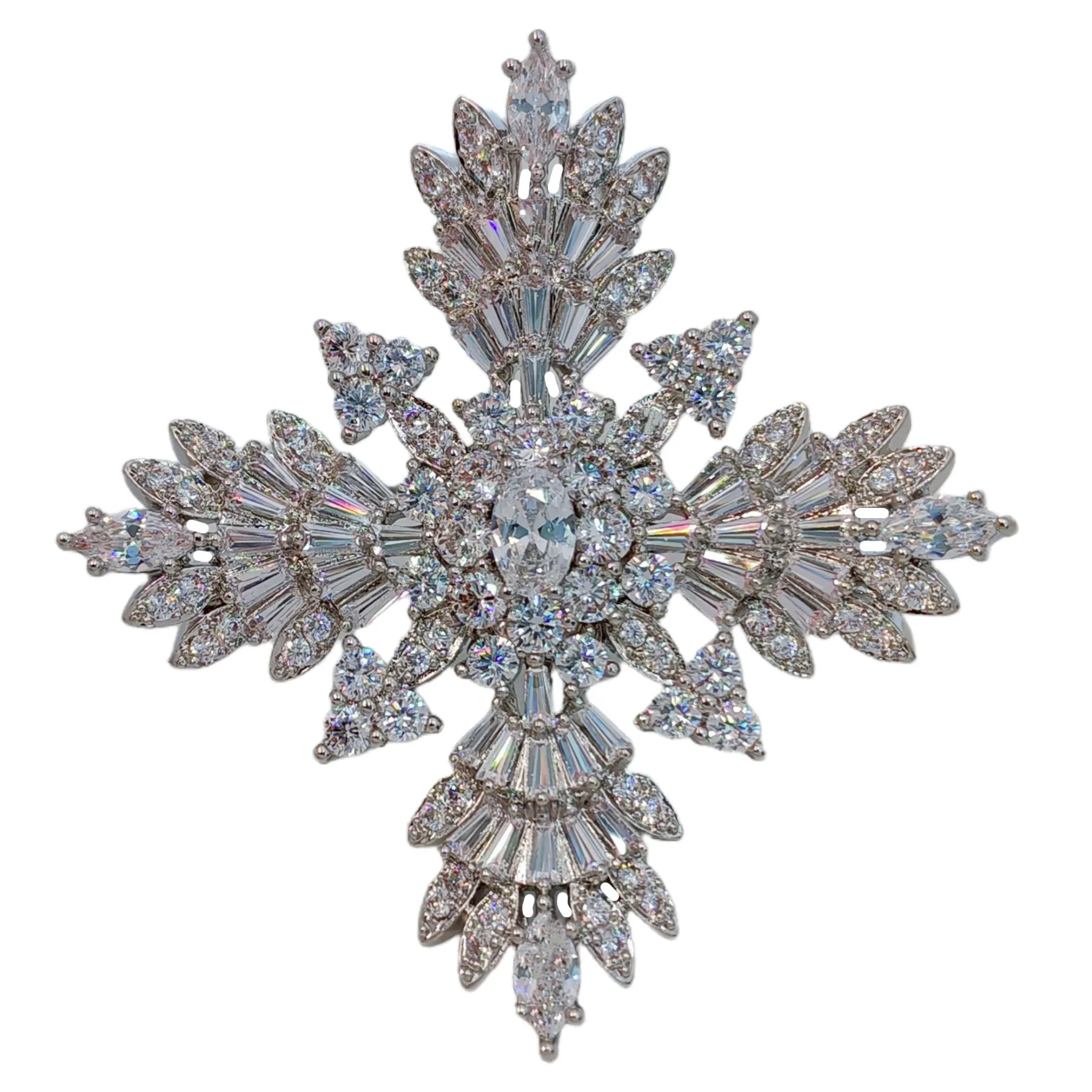 Splash Silver Tone CZ Cruciform Snowflake Brooch, Winter Festival Jewelry