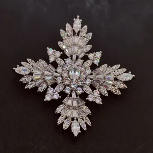 Splash Silver Tone CZ Cruciform Snowflake Brooch, Winter Festival Jewelry