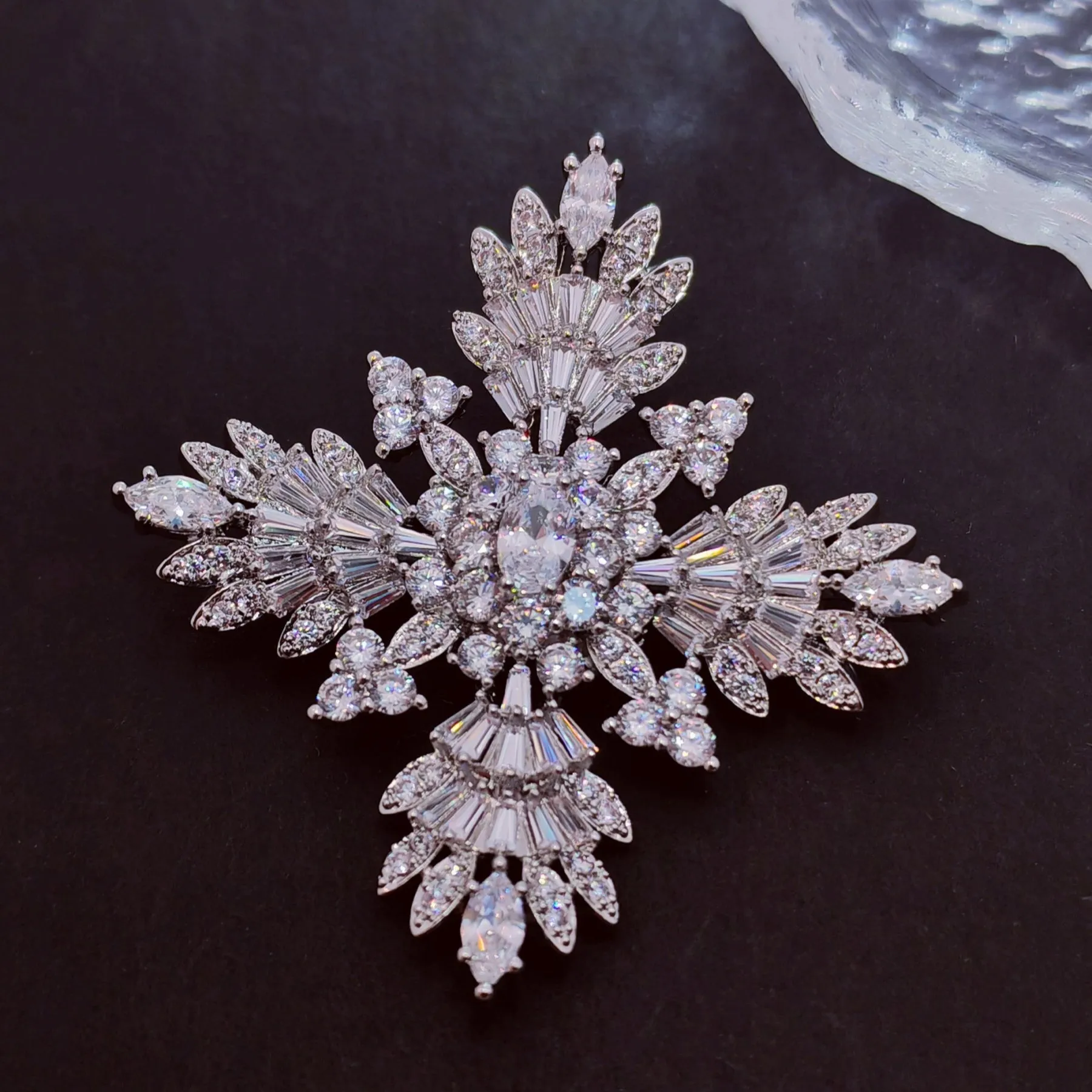 Splash Silver Tone CZ Cruciform Snowflake Brooch, Winter Festival Jewelry