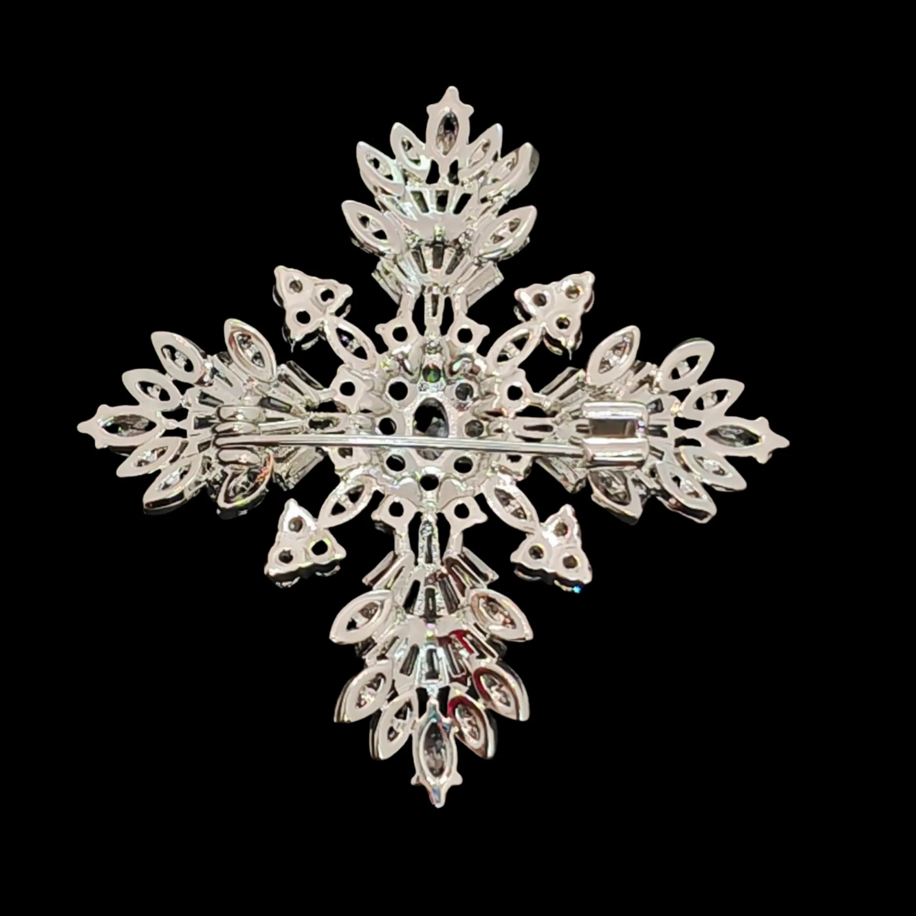 Splash Silver Tone CZ Cruciform Snowflake Brooch, Winter Festival Jewelry