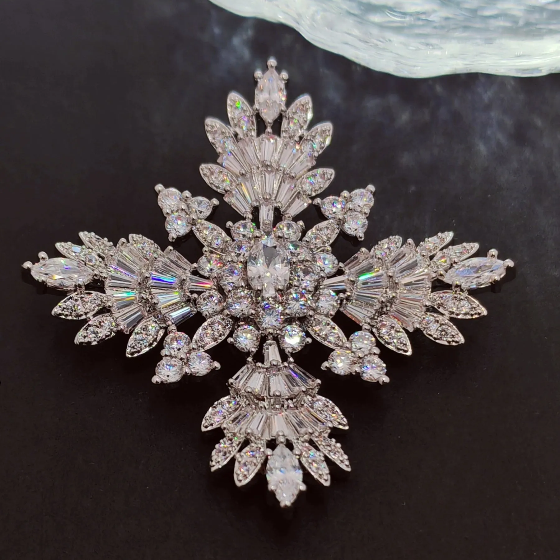 Splash Silver Tone CZ Cruciform Snowflake Brooch, Winter Festival Jewelry