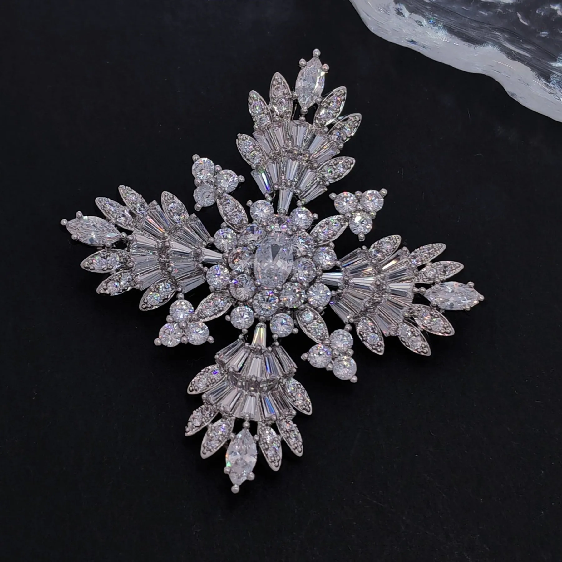 Splash Silver Tone CZ Cruciform Snowflake Brooch, Winter Festival Jewelry