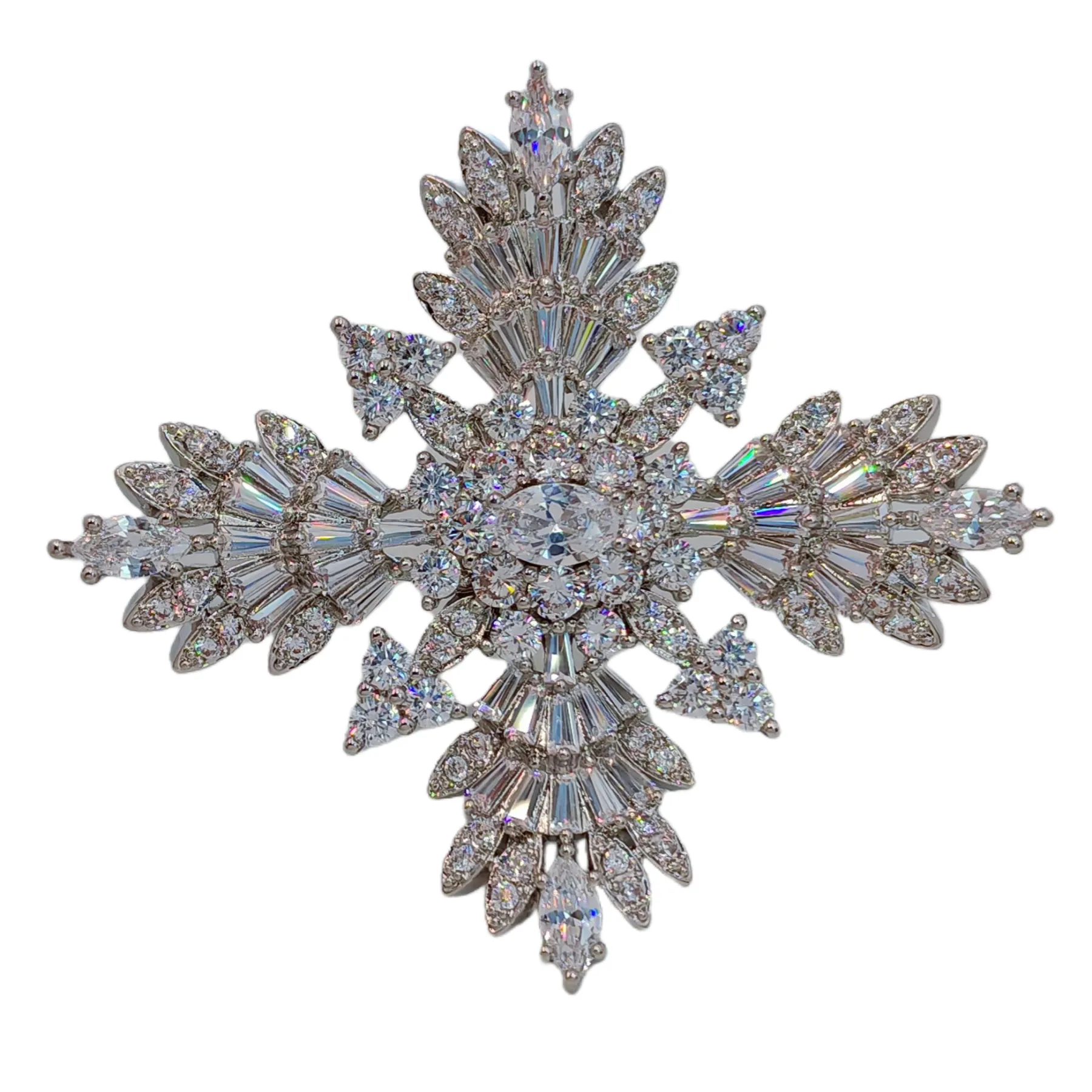 Splash Silver Tone CZ Cruciform Snowflake Brooch, Winter Festival Jewelry