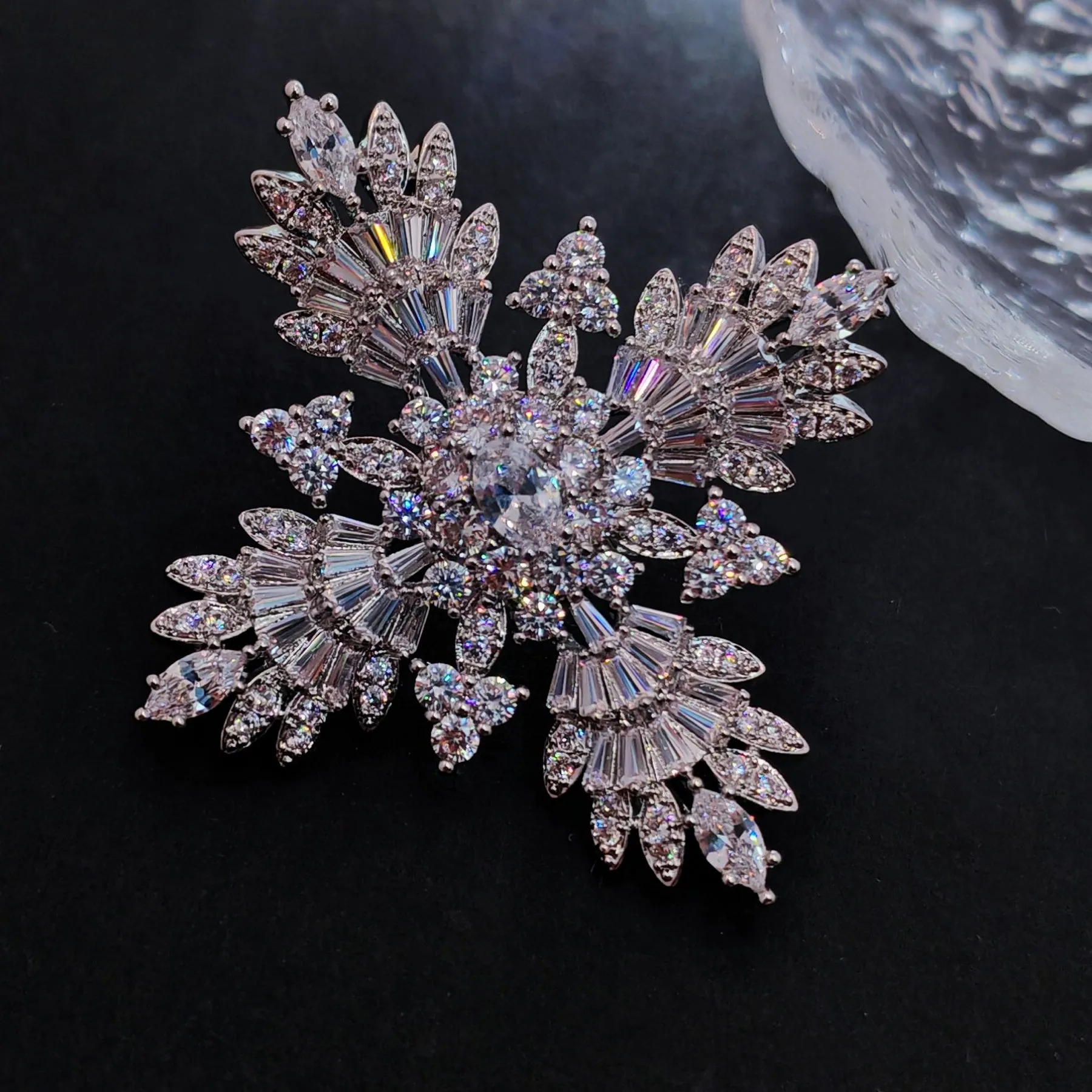 Splash Silver Tone CZ Cruciform Snowflake Brooch, Winter Festival Jewelry