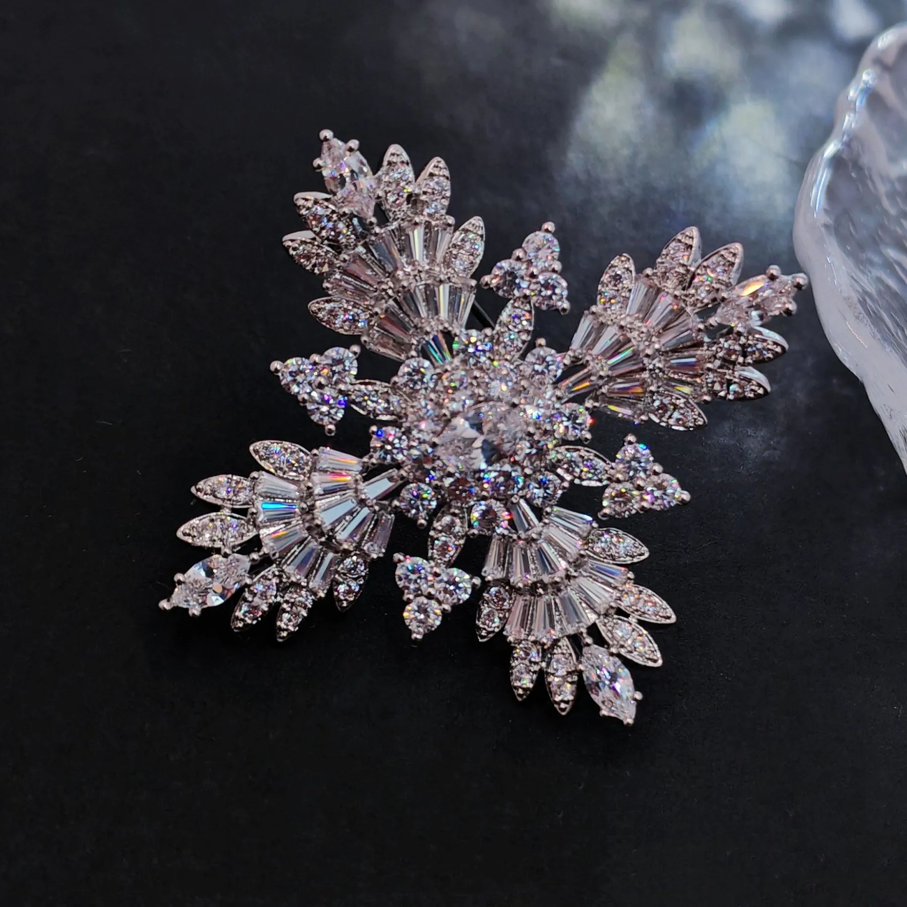 Splash Silver Tone CZ Cruciform Snowflake Brooch, Winter Festival Jewelry