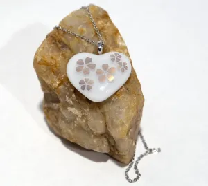 White Fused Glass Heart with Goldish flowers Pendant necklace on 20 inch stainless steel chain