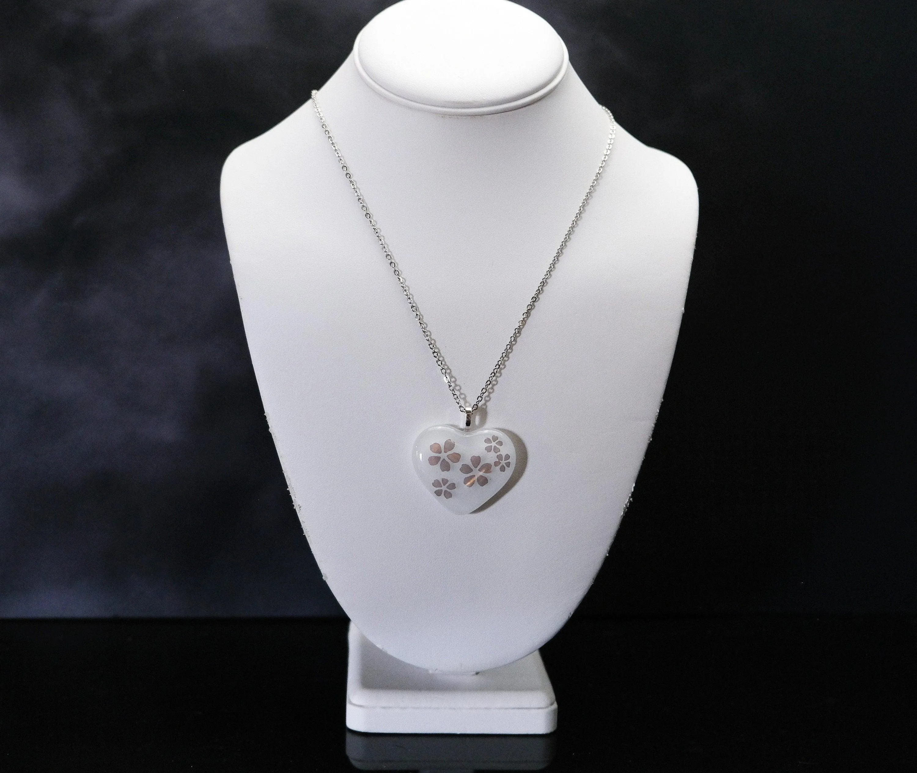 White Fused Glass Heart with Goldish flowers Pendant necklace on 20 inch stainless steel chain