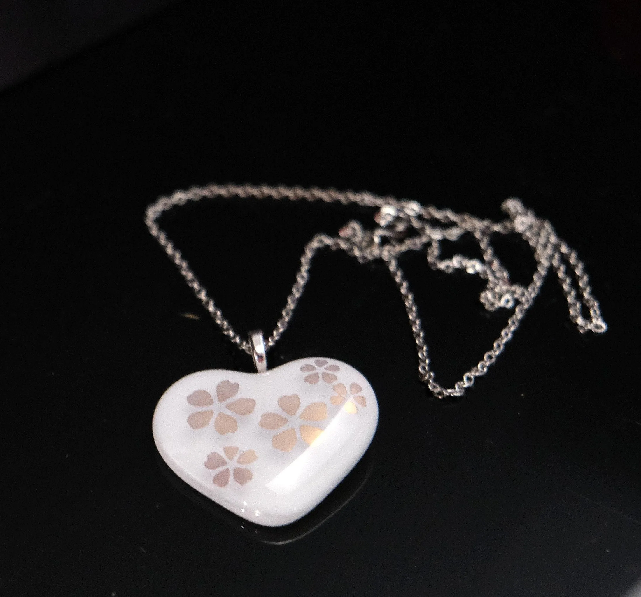 White Fused Glass Heart with Goldish flowers Pendant necklace on 20 inch stainless steel chain