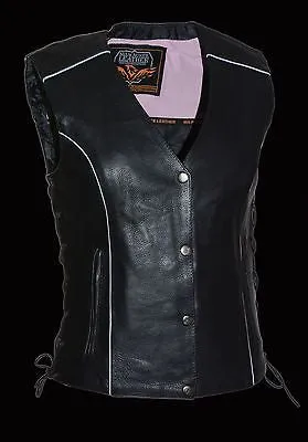 WOMEN'S MOTORCYCLE RIDING PINK LEATHER VEST W/ STUD & WINGS DETAILING SIDE LACE