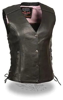 WOMEN'S MOTORCYCLE RIDING PINK LEATHER VEST W/ STUD & WINGS DETAILING SIDE LACE