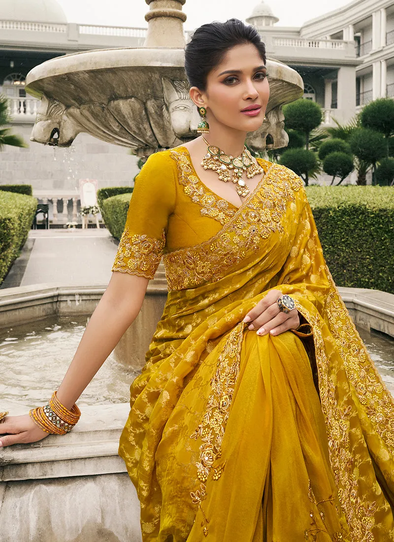 Yellow Multi Embroidery Tissue Silk Saree