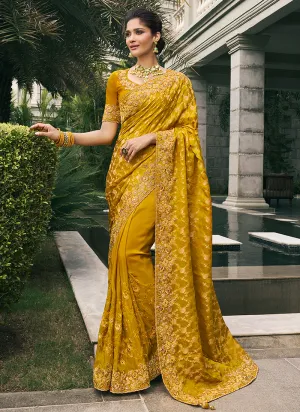 Yellow Multi Embroidery Tissue Silk Saree